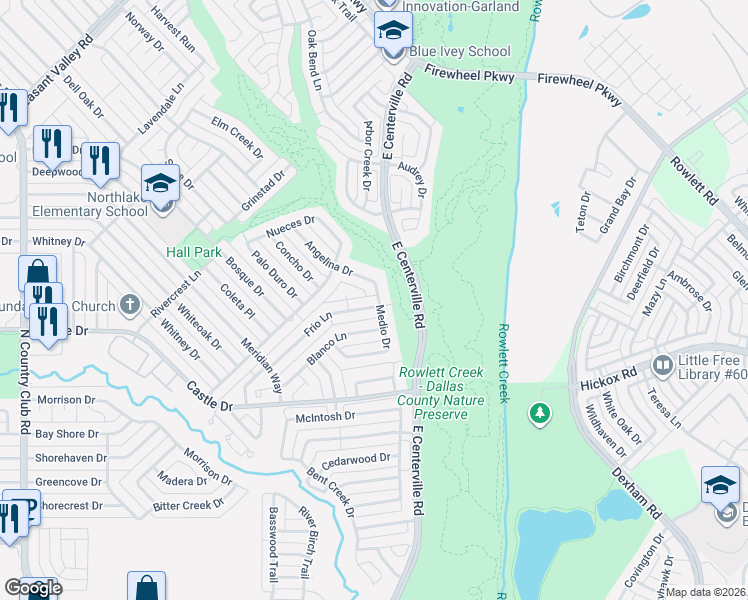 map of restaurants, bars, coffee shops, grocery stores, and more near 1517 Frio Lane in Garland
