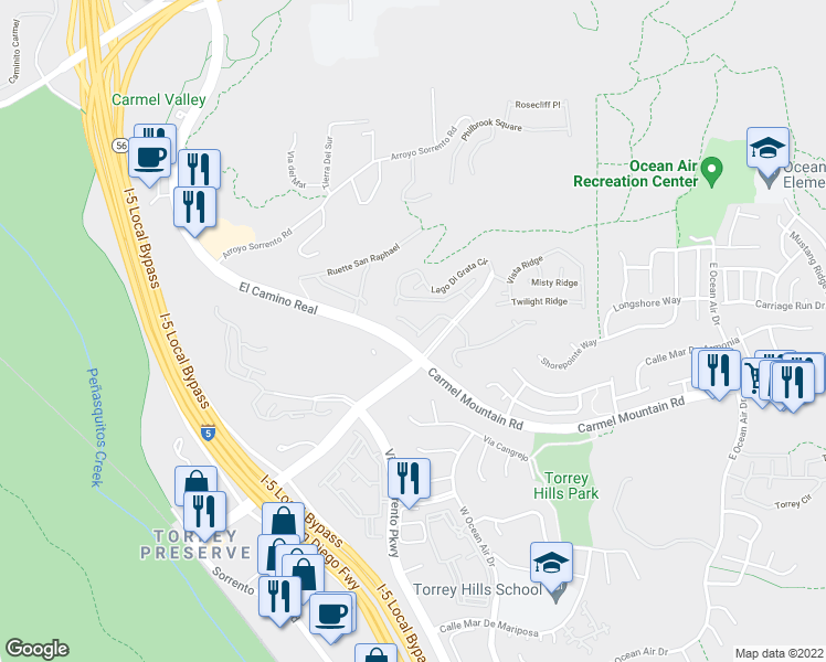 map of restaurants, bars, coffee shops, grocery stores, and more near 11258 Carmel Creek Road in San Diego