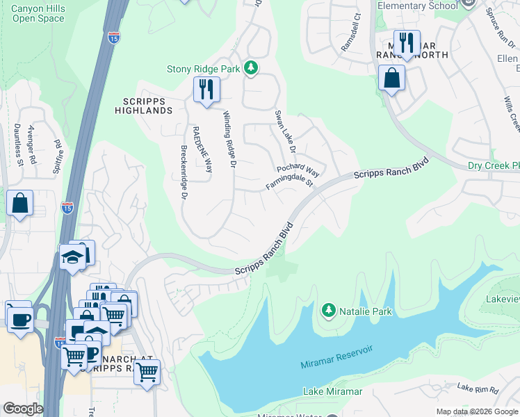 map of restaurants, bars, coffee shops, grocery stores, and more near 11234 Windbrook Way in San Diego