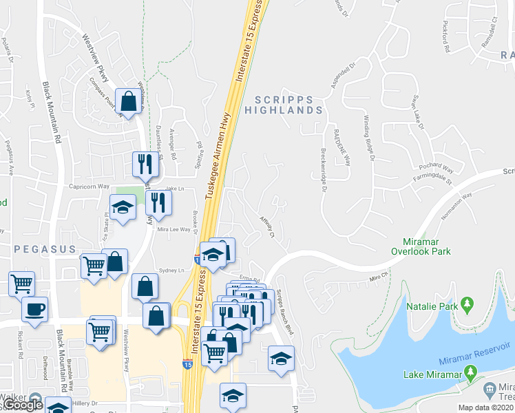map of restaurants, bars, coffee shops, grocery stores, and more near 11315 Affinity Court in San Diego