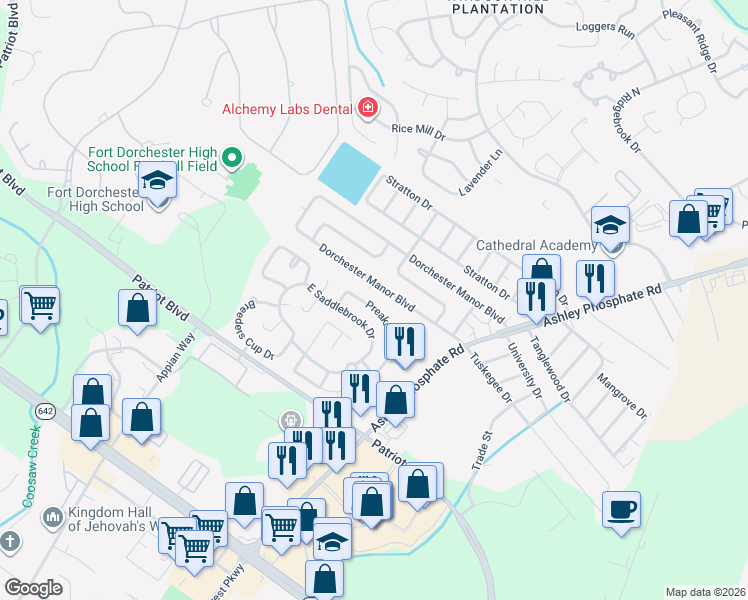 map of restaurants, bars, coffee shops, grocery stores, and more near 221 Dorchester Manor Boulevard in North Charleston
