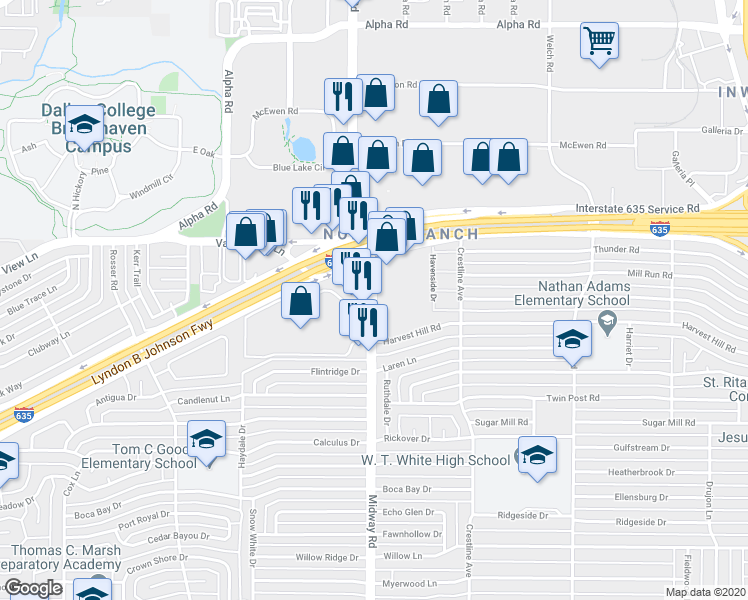 map of restaurants, bars, coffee shops, grocery stores, and more near 12801 Midway Road in Dallas