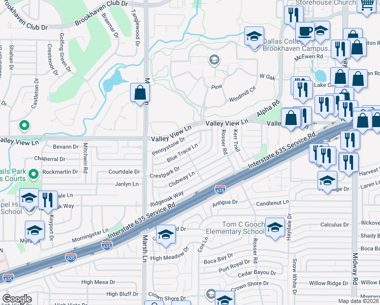 map of restaurants, bars, coffee shops, grocery stores, and more near 3812 Blue Trace Lane in Farmers Branch