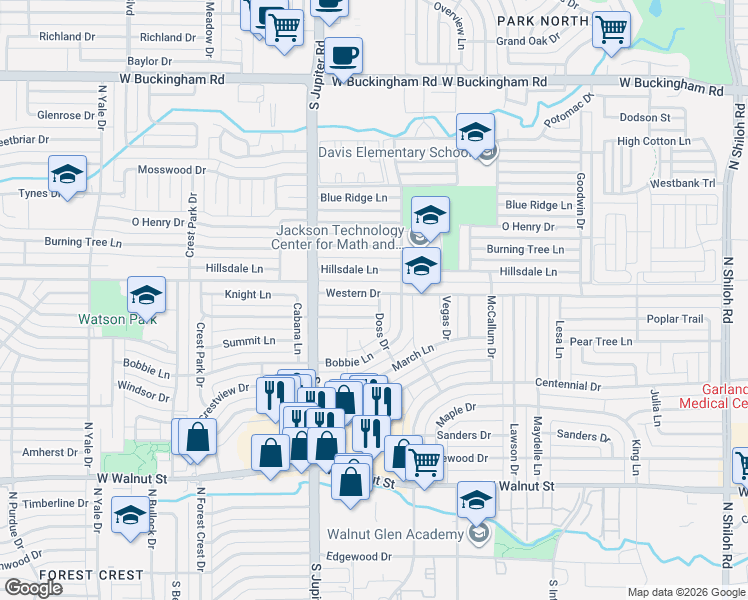 map of restaurants, bars, coffee shops, grocery stores, and more near 3321 Western Drive in Garland