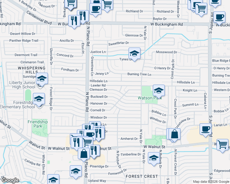 map of restaurants, bars, coffee shops, grocery stores, and more near 4205 Clemson Drive in Garland