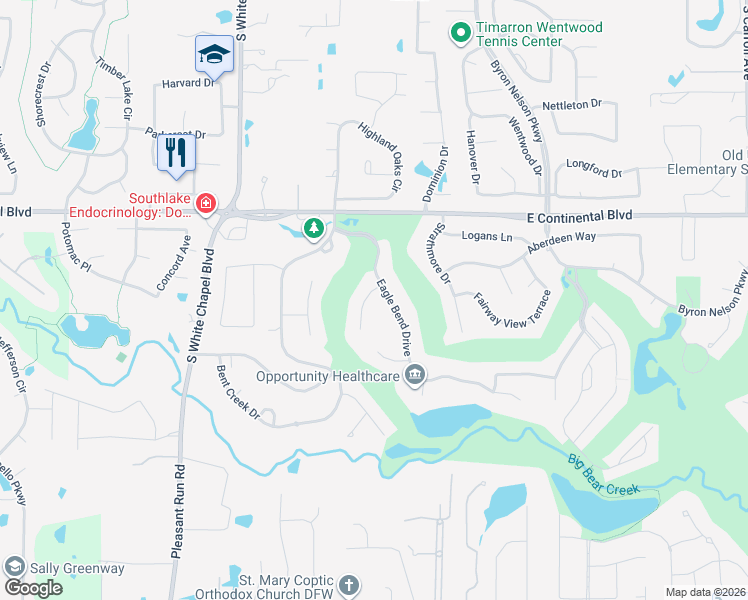 map of restaurants, bars, coffee shops, grocery stores, and more near 1311 Eagle Bend Drive in Southlake