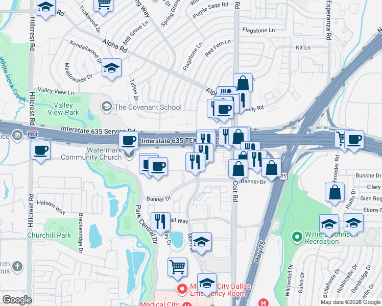 map of restaurants, bars, coffee shops, grocery stores, and more near 12777 Merit Drive in Dallas