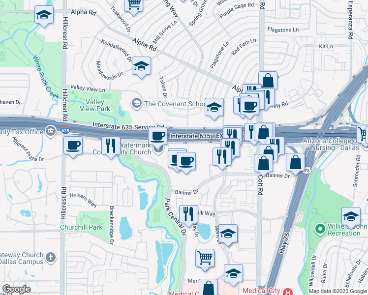 map of restaurants, bars, coffee shops, grocery stores, and more near 7616 Lyndon B Johnson Freeway in Dallas
