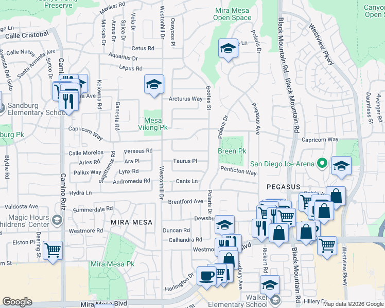 map of restaurants, bars, coffee shops, grocery stores, and more near 8875 Alphecca Way in San Diego