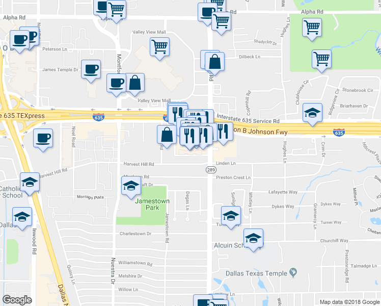 map of restaurants, bars, coffee shops, grocery stores, and more near 12817 Preston Road in Dallas