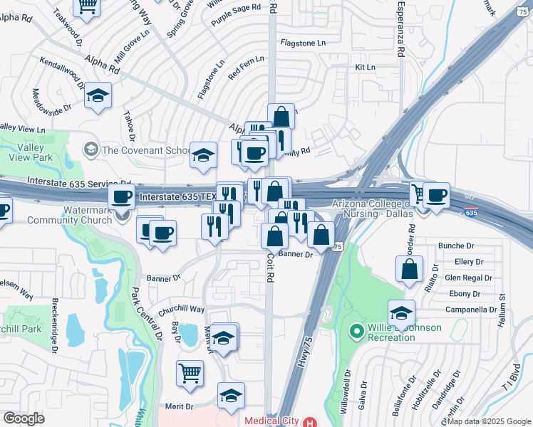 map of restaurants, bars, coffee shops, grocery stores, and more near 12971 Coit Road in Dallas
