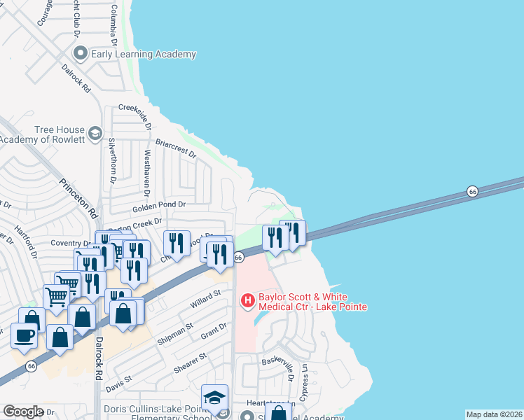 map of restaurants, bars, coffee shops, grocery stores, and more near 9701 Terra Lago Court in Rowlett