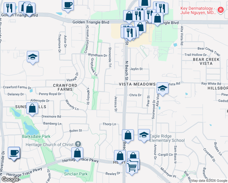 map of restaurants, bars, coffee shops, grocery stores, and more near 10213 Jessica Street in Fort Worth