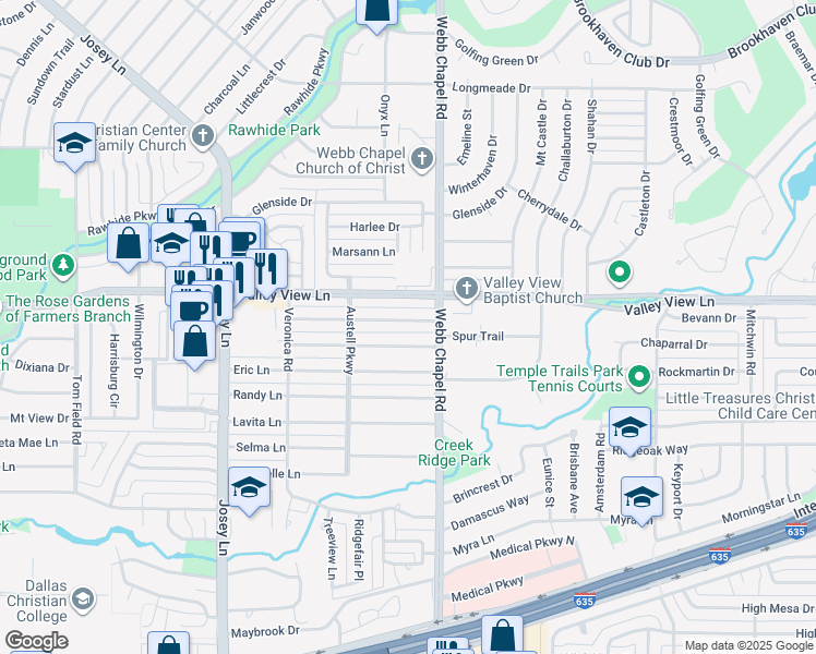 map of restaurants, bars, coffee shops, grocery stores, and more near 3040 Primrose Lane in Farmers Branch