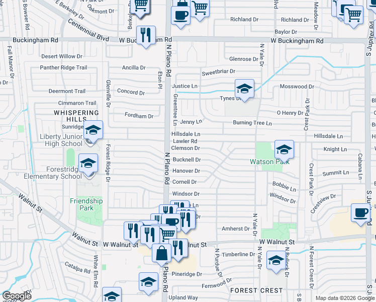 map of restaurants, bars, coffee shops, grocery stores, and more near 4410 Clemson Drive in Garland