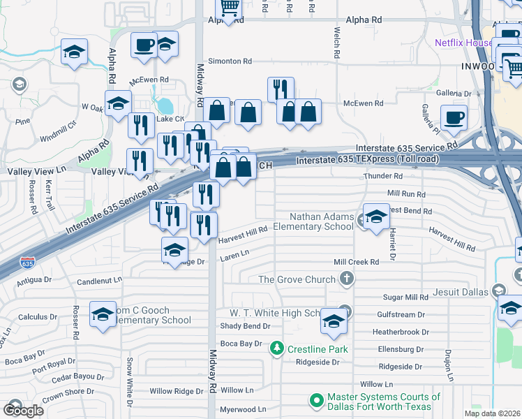 map of restaurants, bars, coffee shops, grocery stores, and more near 4304 Forest Bend Road in Dallas