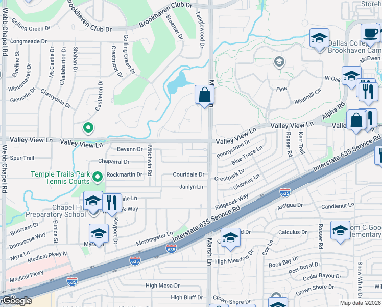 map of restaurants, bars, coffee shops, grocery stores, and more near 3600 Vineyard Way in Farmers Branch