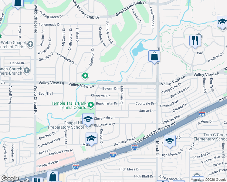 map of restaurants, bars, coffee shops, grocery stores, and more near 3444 Bevann Drive in Farmers Branch
