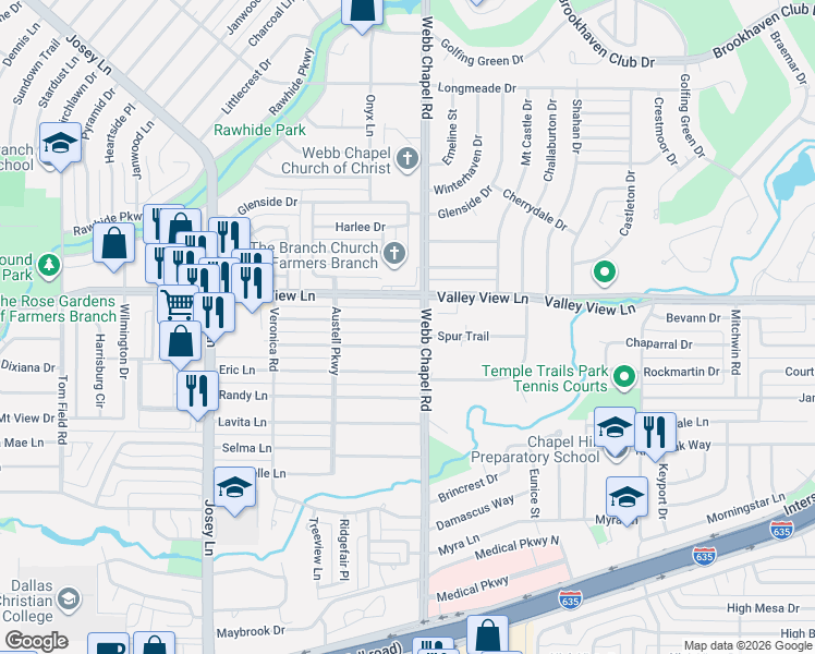 map of restaurants, bars, coffee shops, grocery stores, and more near 3040 Primrose Lane in Farmers Branch