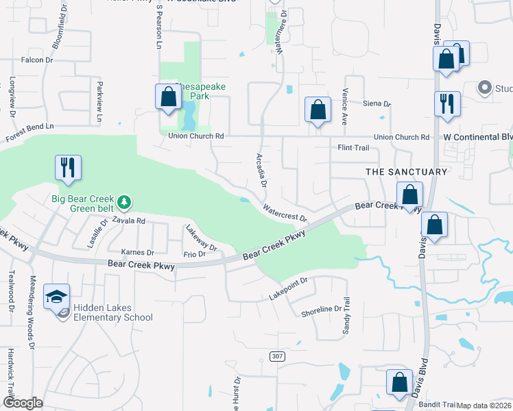 map of restaurants, bars, coffee shops, grocery stores, and more near 2317 Watercrest Drive in Keller