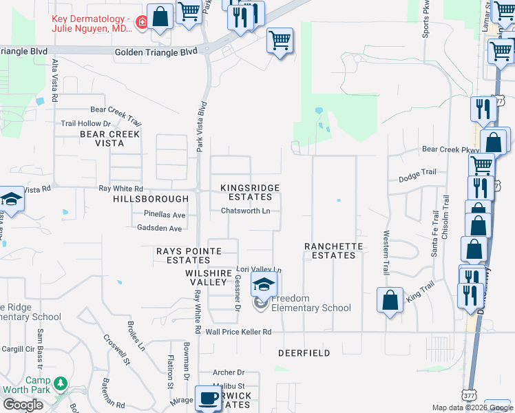 map of restaurants, bars, coffee shops, grocery stores, and more near 5401 Chatsworth Lane in Fort Worth