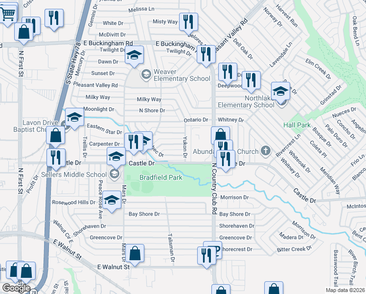 map of restaurants, bars, coffee shops, grocery stores, and more near 1114 Foxe Basin Drive in Garland