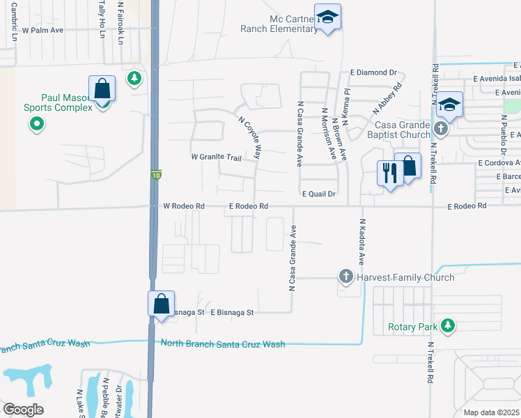 map of restaurants, bars, coffee shops, grocery stores, and more near 2374 North Horseshoe Circle in Casa Grande