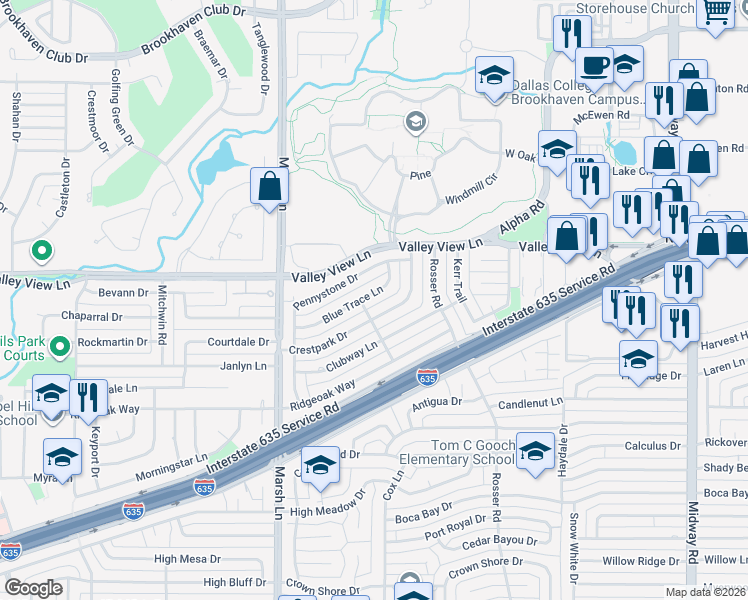map of restaurants, bars, coffee shops, grocery stores, and more near 3812 Blue Trace Lane in Farmers Branch
