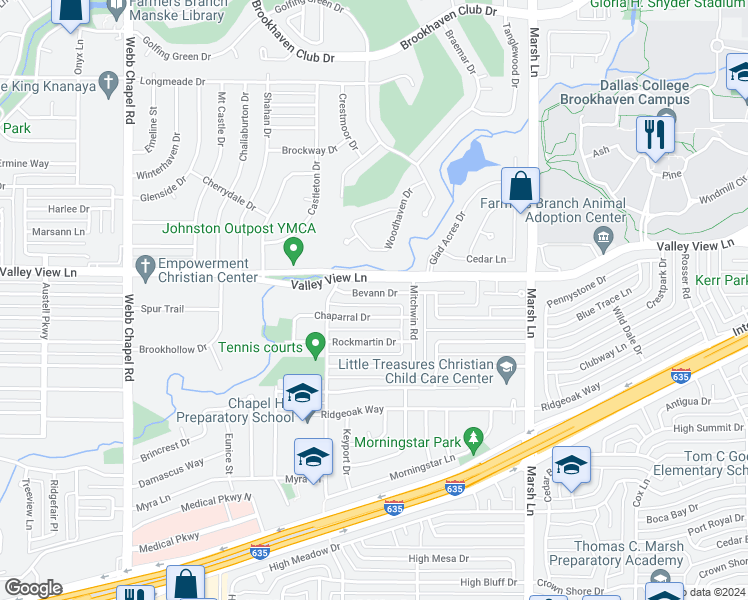 map of restaurants, bars, coffee shops, grocery stores, and more near 3444 Bevann Drive in Farmers Branch