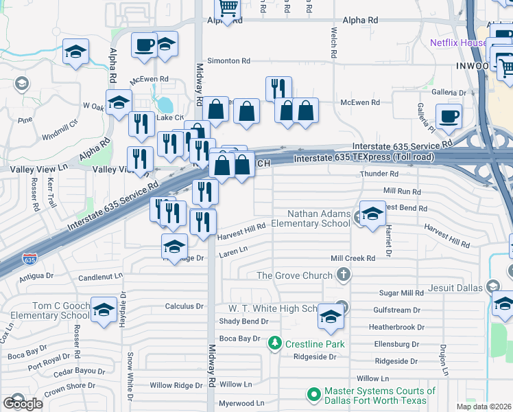 map of restaurants, bars, coffee shops, grocery stores, and more near 4304 Forest Bend Road in Dallas