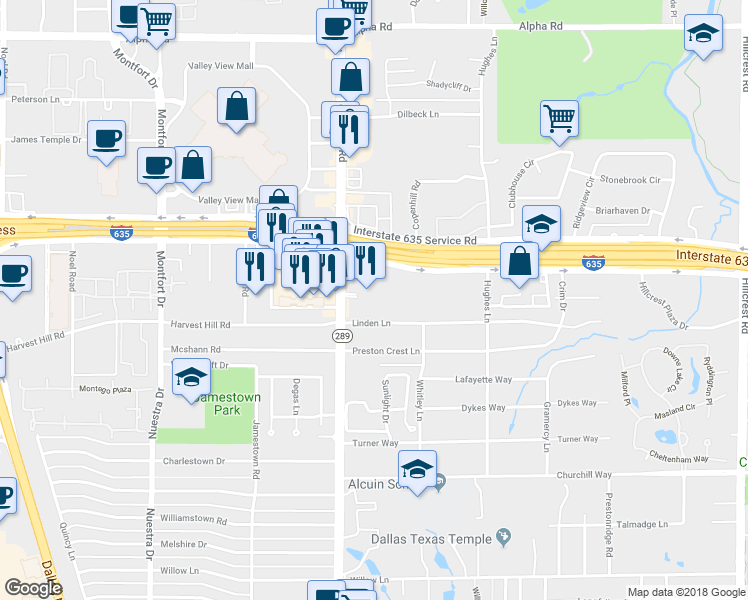 map of restaurants, bars, coffee shops, grocery stores, and more near 12900 Preston Road in Dallas