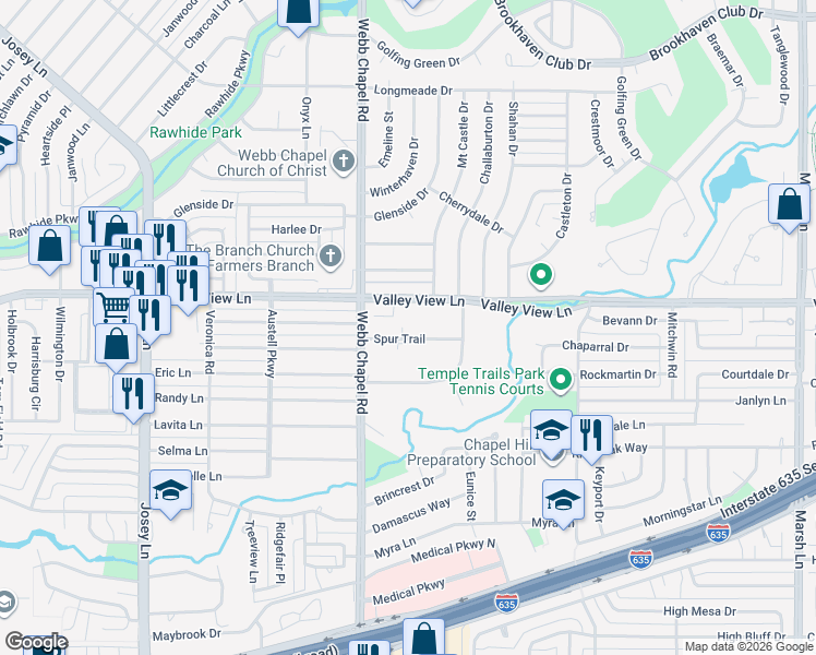 map of restaurants, bars, coffee shops, grocery stores, and more near 3135 Spur Trail in Farmers Branch