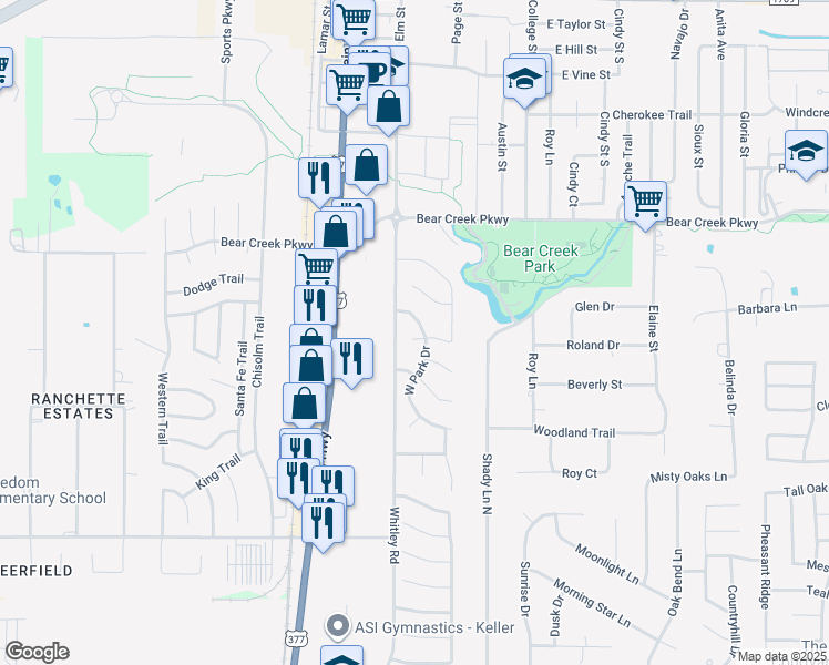 map of restaurants, bars, coffee shops, grocery stores, and more near 632 West Park Drive in Keller