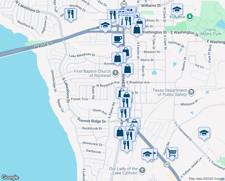 map of restaurants, bars, coffee shops, grocery stores, and more near 706 South Alamo Road in Rockwall