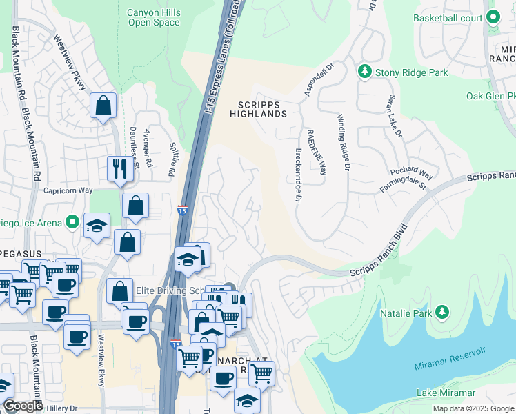 map of restaurants, bars, coffee shops, grocery stores, and more near 11245 Affinity Court in San Diego
