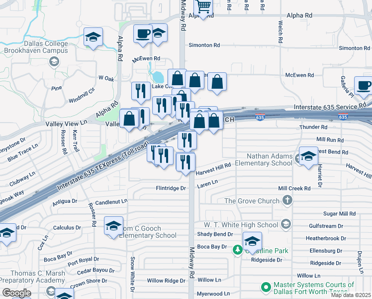 map of restaurants, bars, coffee shops, grocery stores, and more near 12801 Midway Road in Dallas