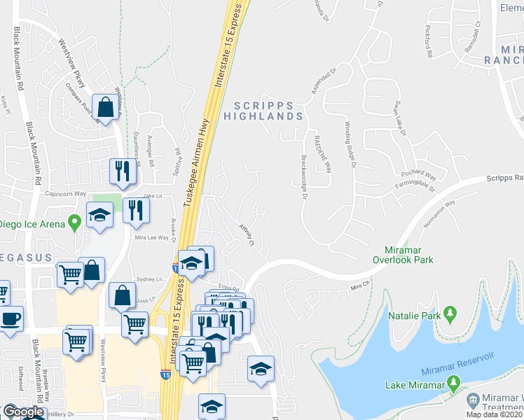 map of restaurants, bars, coffee shops, grocery stores, and more near 11245 Affinity Court in San Diego