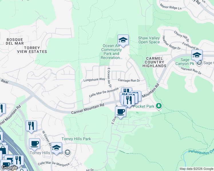 map of restaurants, bars, coffee shops, grocery stores, and more near 11313 Longshore Court in San Diego