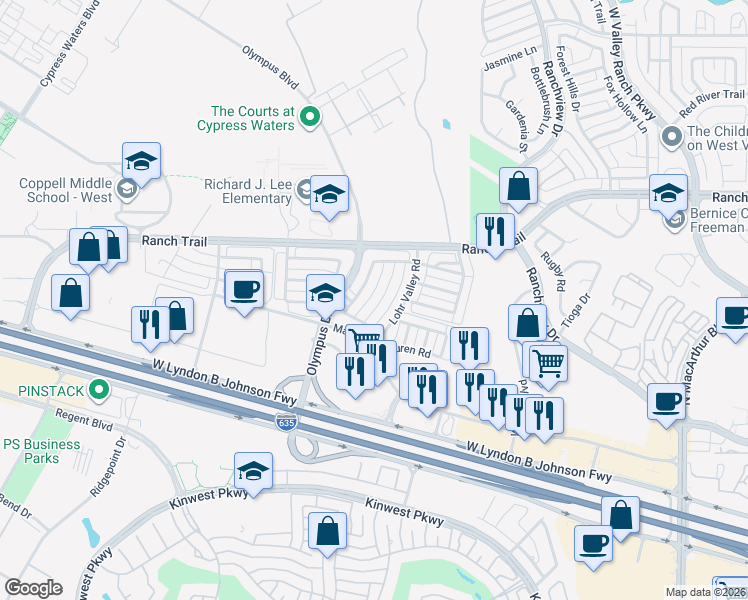 map of restaurants, bars, coffee shops, grocery stores, and more near 8623 Lindenwood Lane in Irving