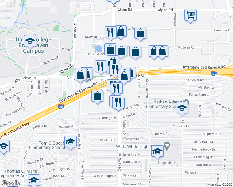 map of restaurants, bars, coffee shops, grocery stores, and more near 12801 Midway Road in Dallas