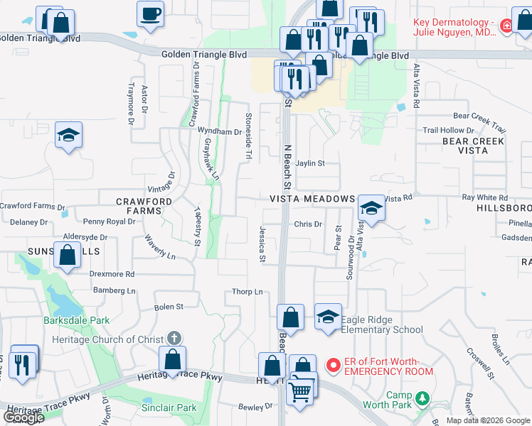 map of restaurants, bars, coffee shops, grocery stores, and more near 4400 Jessica Street in Fort Worth