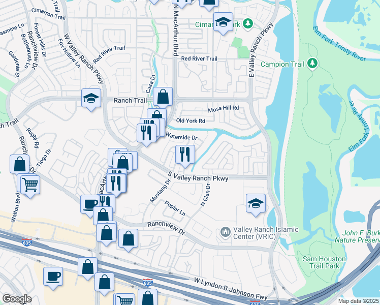 map of restaurants, bars, coffee shops, grocery stores, and more near 8609 Wellington Point Drive in Irving