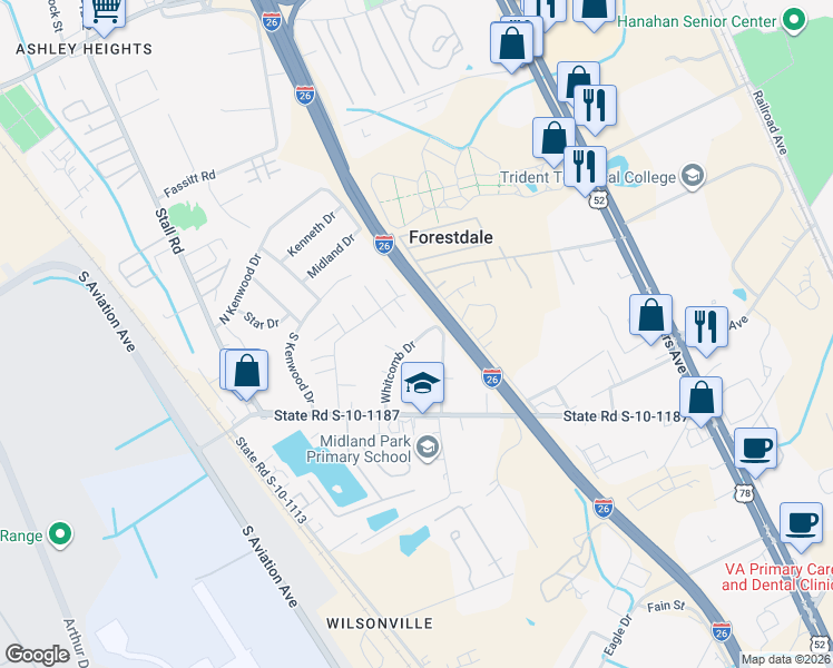 map of restaurants, bars, coffee shops, grocery stores, and more near 6977 Whitcomb Drive in North Charleston
