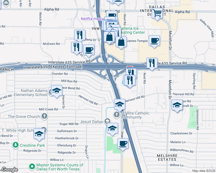map of restaurants, bars, coffee shops, grocery stores, and more near 5032 Thunder Road in Dallas