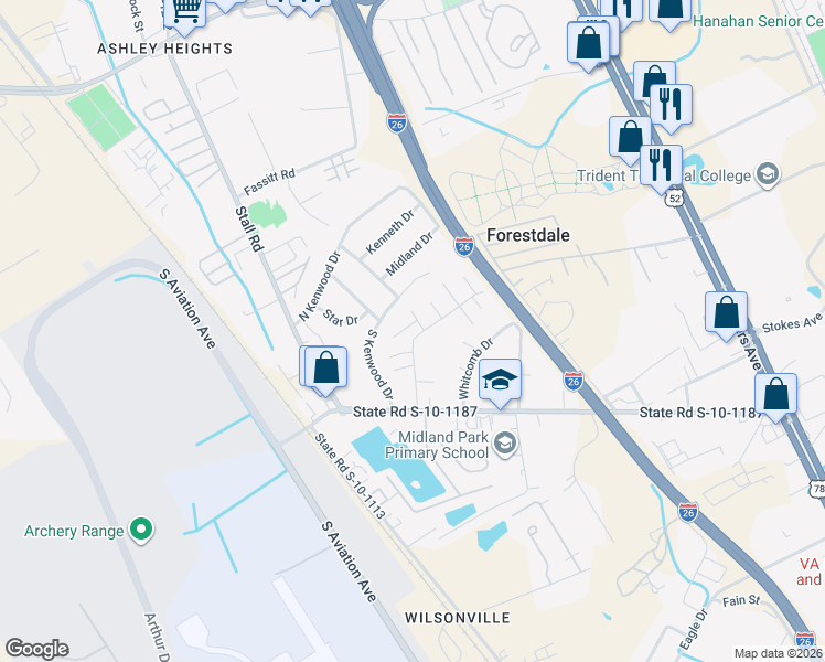 map of restaurants, bars, coffee shops, grocery stores, and more near 6992 Vista Court in North Charleston