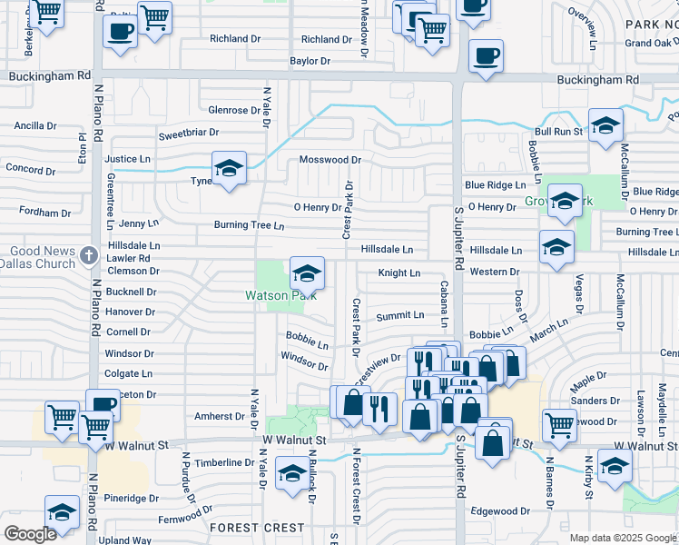 map of restaurants, bars, coffee shops, grocery stores, and more near 1114 Walnut Parkway in Garland