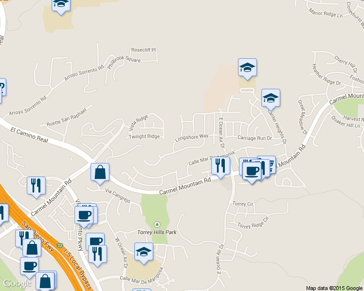 map of restaurants, bars, coffee shops, grocery stores, and more near 4418 Shorepointe Way in San Diego