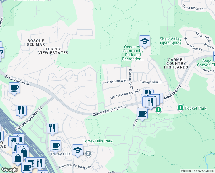 map of restaurants, bars, coffee shops, grocery stores, and more near 4418 Shorepointe Way in San Diego