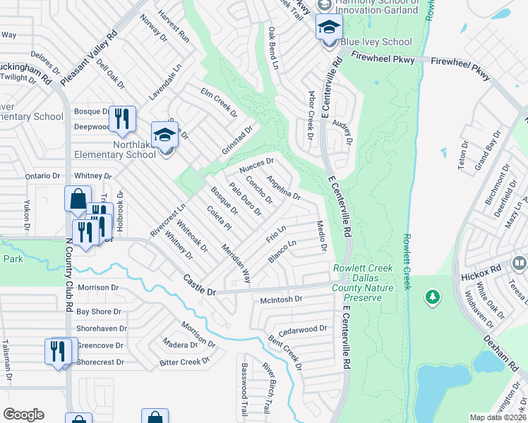 map of restaurants, bars, coffee shops, grocery stores, and more near 1929 Palo Duro Drive in Garland