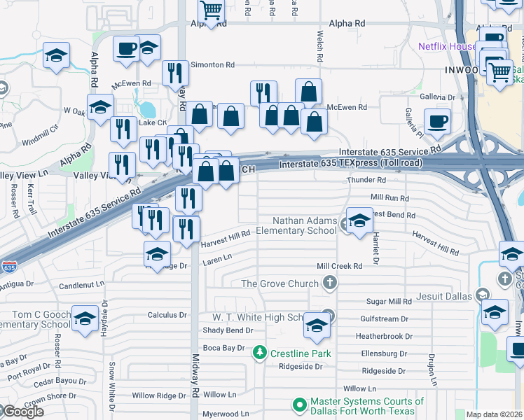 map of restaurants, bars, coffee shops, grocery stores, and more near 4407 Forest Bend Road in Dallas